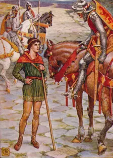 Young Percival Questions Sir Owen 1911. Artist: Walter Crane