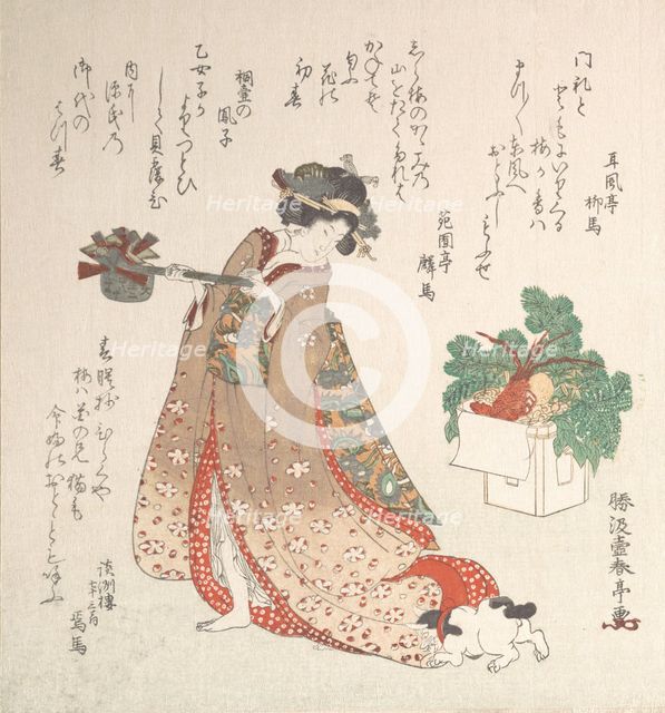 Young Woman Carrying a Wine-Pot for the New Year Ceremony, ca. 1815. Creator: Katsukawa Shuntei.