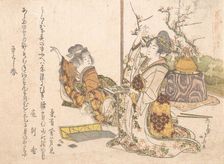Young Woman and Little Girl Playing Musashi, 1841. Creator: Hokusai