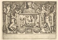 Young woman drinking from a bowl, an old woman standing in front of her, set within..., ca. 1540-80. Creator: Battista del Moro