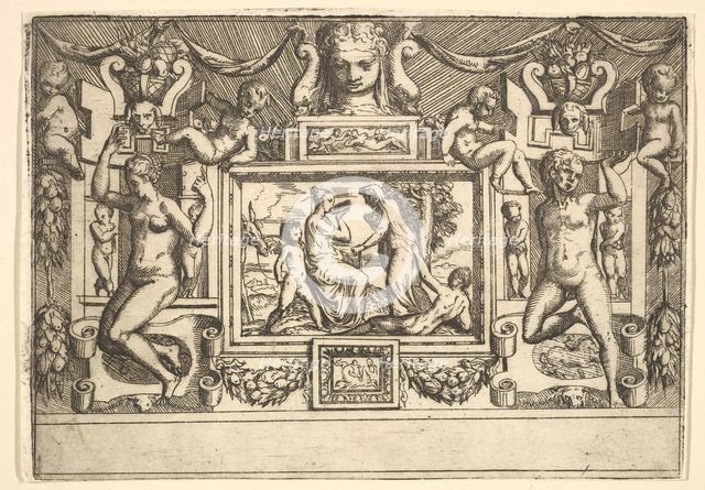 Young woman drinking from a bowl, an old woman standing in front of her, set within..., ca. 1540-80. Creator: Battista del Moro.