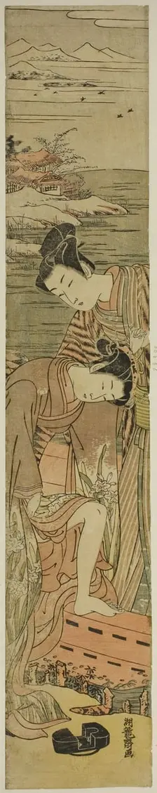 Young Woman Drops her Geta as She Boards a Boat, c. 1773. Creator: Isoda Koryusai