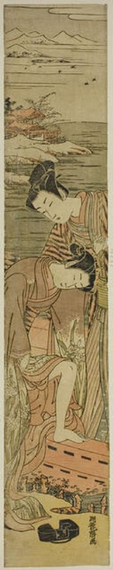 Young Woman Drops her Geta as She Boards a Boat, c. 1773. Creator: Isoda Koryusai