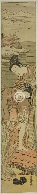 Young Woman Drops her Geta as She Boards a Boat, c. 1773. Creator: Isoda Koryusai.