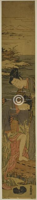 Young Woman Drops her Geta as She Boards a Boat, c. 1773. Creator: Isoda Koryusai.