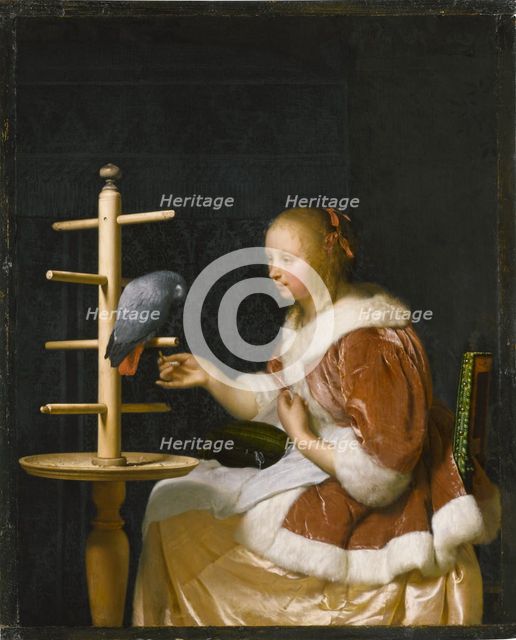 Young Woman Feeding a Parrot, 1663. Creator: Mieris, Frans van, the Elder (1635-1681).
