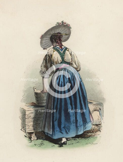 Young woman from the Canton Unterwald (Switzerland), color engraving 1870.