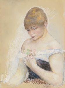 Young Woman Holding A Flower. Portrait of the actress Jeanne Samary, c. 1880. Artist: Renoir, Pierre Auguste (1841-1919)