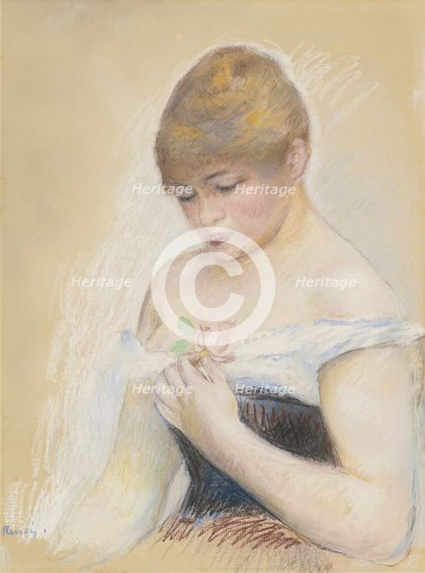 Young Woman Holding A Flower. Portrait of the actress Jeanne Samary, c. 1880. Artist: Renoir, Pierre Auguste (1841-1919)