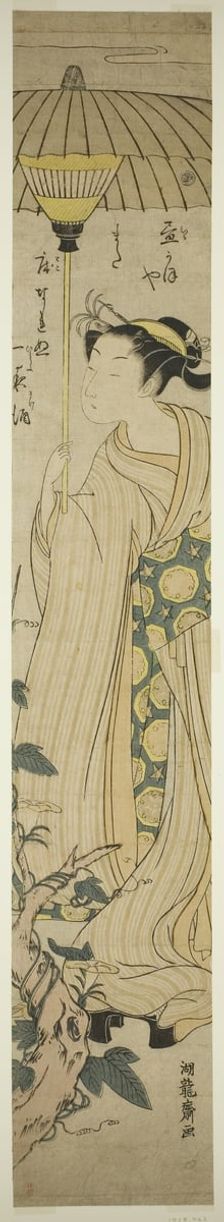 Young Woman Holding Parasol Admires Hirugao (noon-face) Flowers, c. 1772. Creator: Isoda Koryusai