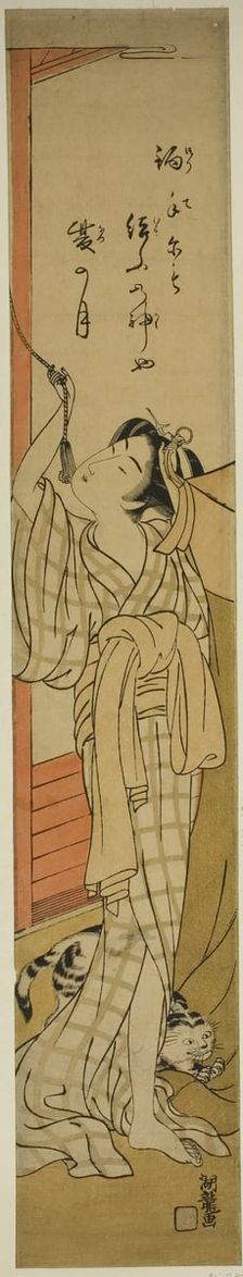Young Woman Hanging a Mosquito Net as Cat Plays at Her Feet, c. 1774. Creator: Isoda Koryusai