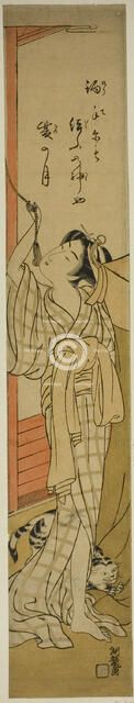Young Woman Hanging a Mosquito Net as Cat Plays at Her Feet, c. 1774. Creator: Isoda Koryusai.