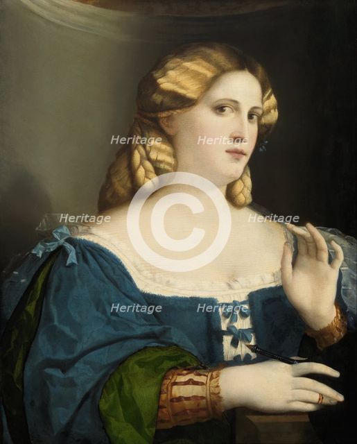 Young Woman in a Blue Dress, with Fan, 1512-1514. Artist: Palma il Vecchio, Jacopo, the Elder (1480-1528)