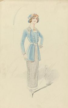 Young woman in black and white checkered ensemble, 1914. Creator: Price