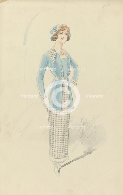 Young woman in black and white checkered ensemble, 1914. Creator: Price.