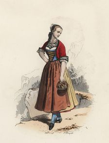 Young woman in the Canton of Thurgovie (Switzerland), color engraving 1870