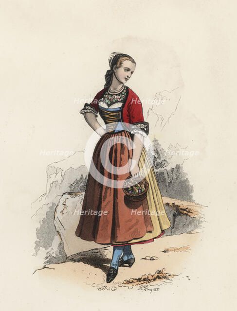 Young woman in the Canton of Thurgovie (Switzerland), color engraving 1870.