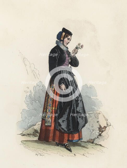 Young woman in the Canton of Fribourg (Switzerland), color engraving 1870.