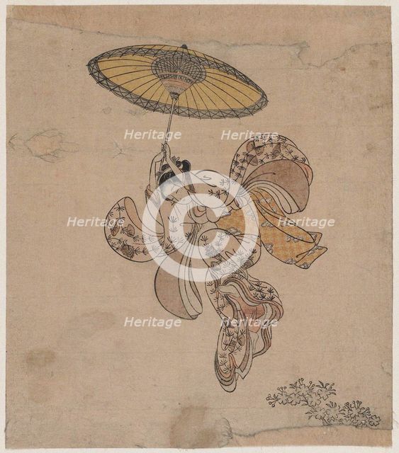 Young Woman Jumping from the Kiyomizu Temple Balcony with an Umbrella as a Parachute , 1765.
