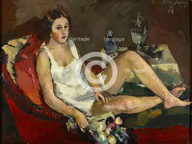 Young woman on red sofa, 1913. Creator: Anton Faistauer.
