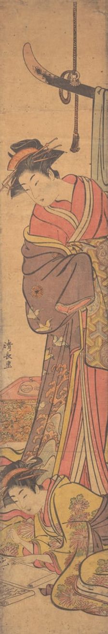 Young Woman Looking over Shoulder of Another who is Writing a Letter. Creator: Torii Kiyonaga