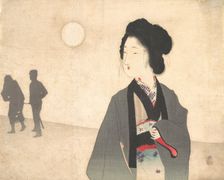 Young Woman Looks at Silhouette of a Male Prisoner being Led Away, early 20th century. Creator: Tomioka Eisen