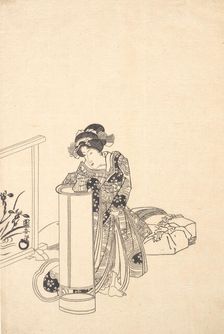 Young Woman Leaning over a Tall Lamp. Creator: Utagawa Kuniyasu