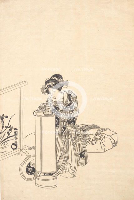 Young Woman Leaning over a Tall Lamp. Creator: Utagawa Kuniyasu.