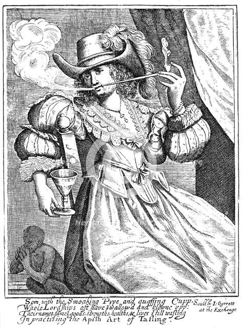 Young woman smoking a clay pipe and holding a wine glass, 17th century. Artist: Unknown