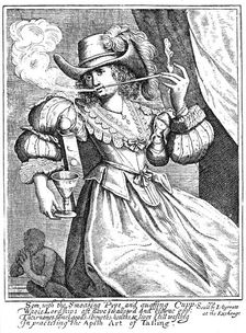 Young woman smoking a clay pipe and holding a wine glass, 17th century
