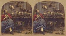 Young woman seated by table with dead fowl, rabbits, etc., about 1860. Creator: Unknown