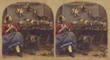 Young woman seated by table with dead fowl, rabbits, etc., about 1860. Creator: Unknown