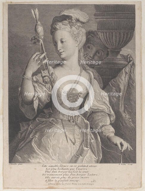 Young woman spinning thread for an arrow, 1686-1741. Creator: François de Poilly.