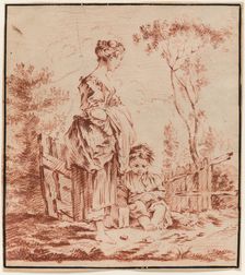 Young Woman Standing with a Seated Child, 18th century. Creator: Unknown French; After François Boucher French, 1703-1770