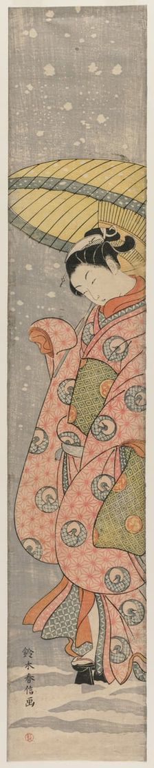 Young Woman Standing Under an Umbrella in the Snow, 1767-1768. Creator: Suzuki Harunobu (Japanese, 1724-1770)