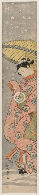 Young Woman Standing Under an Umbrella in the Snow, 1767-1768. Creator: Suzuki Harunobu (Japanese, 1724-1770).