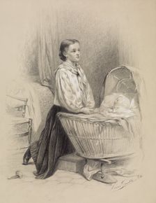 Young Woman Praying Beside Baby's Cradle, 1864. Creator: Léon Emile Caille