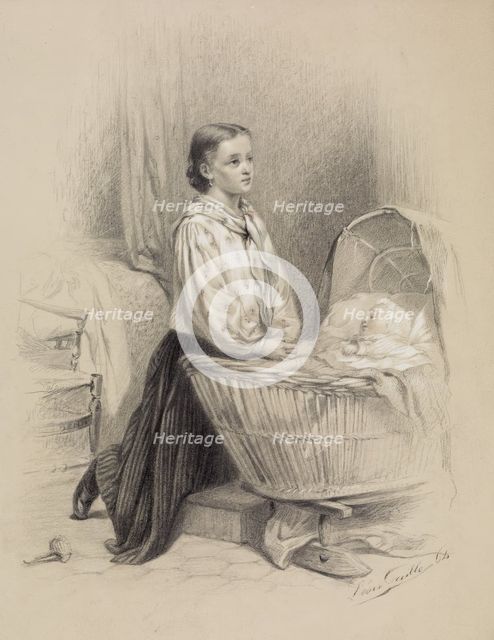 Young Woman Praying Beside Baby's Cradle, 1864. Creator: Léon Emile Caille.