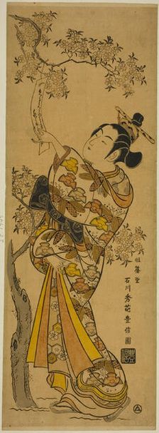 Young Woman Reading Tanzaku Tied to a Cherry Tree, c. 1741. Creator: Ishikawa Toyonobu