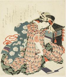 Young woman reading "The Pillow Book (makura no soshi)", Japan, 1822. Creator: Hokusai