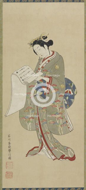 Young woman reading a letter, Edo period, 1711-1785. Creator: Ishikawa Toyonobu.