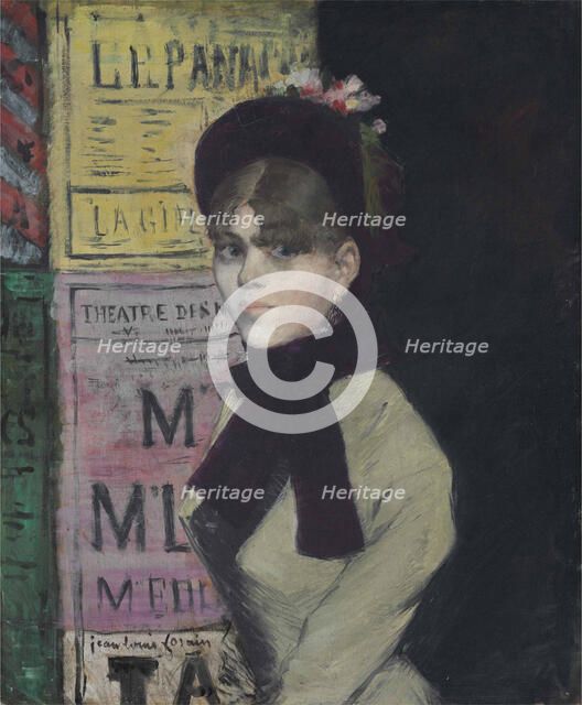 Young woman reading in Front of an Advertising Column, ca 1880-1885.