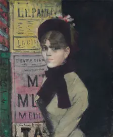 Young woman reading in Front of an Advertising Column, ca 1880-1885