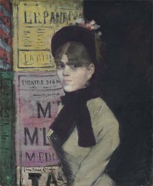 Young woman reading in Front of an Advertising Column, ca 1880-1885