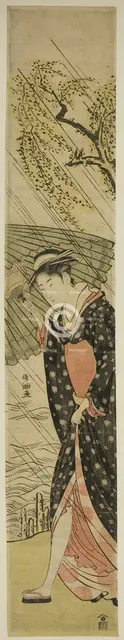 Young Woman Walking on a River Bank in Rain, Japan, late 18th/early 19th century. Creator: Kubo Shunman.