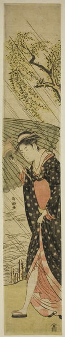 Young Woman Walking on a River Bank in Rain, Japan, late 18th/early 19th century. Creator: Kubo Shunman