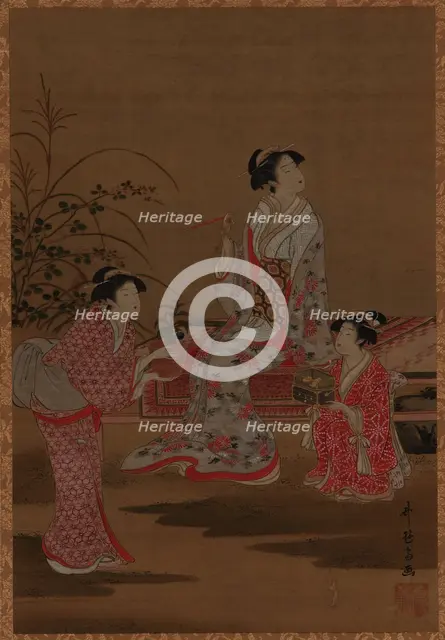 Young woman, with two girl attendants, seated in a garden, Edo period, 1615-1868. Creator: Unknown.