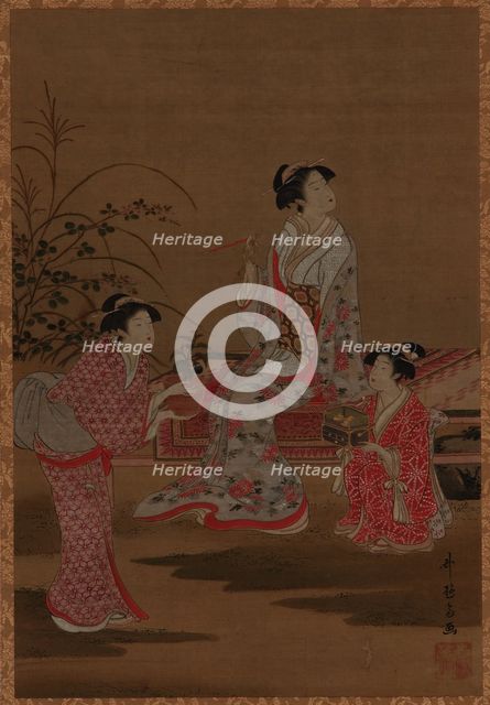 Young woman, with two girl attendants, seated in a garden, Edo period, 1615-1868. Creator: Unknown.