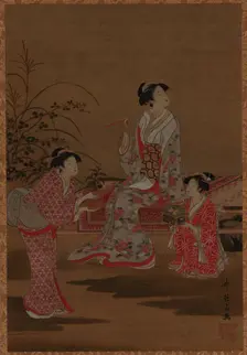 Young woman, with two girl attendants, seated in a garden, Edo period, 1615-1868. Creator: Unknown