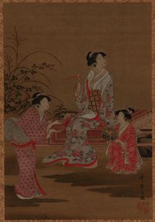 Young woman, with two girl attendants, seated in a garden, Edo period, 1615-1868. Creator: Unknown